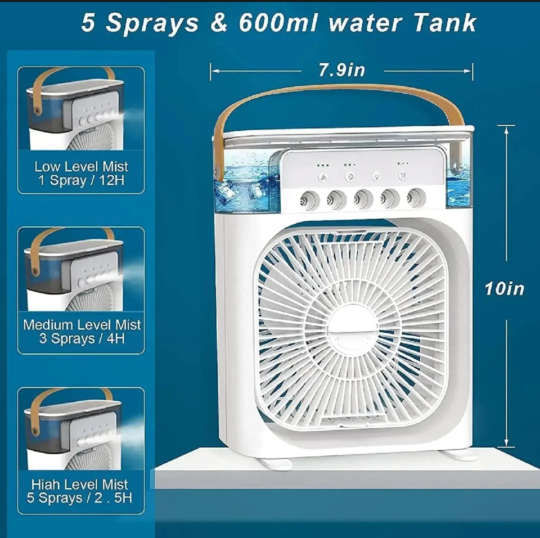 Portable Air Cooler Fan with Mist Spray | 600ml Water Tank & 7 LED Lights