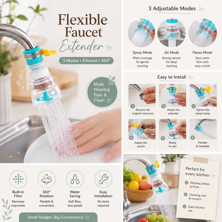 360° Flexible Faucet Extender - Dual Mode Kitchen Tap Sprayer Water Saver